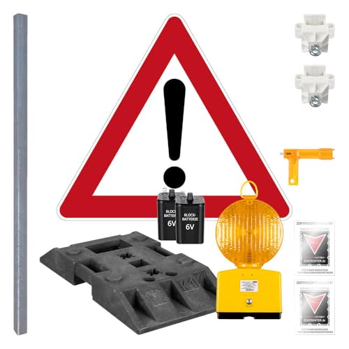 TMS PRO SHOP Komplett-Set Baustelle mit Leuchte, Gefahrzeichen Gefahrstelle VZ 101 aus Stahl, Kunststoff, Aluminium, Art.-Nr. 607960 | VZ 101 | Gefahrenstellenschild | Achtung Gefahrenstelle