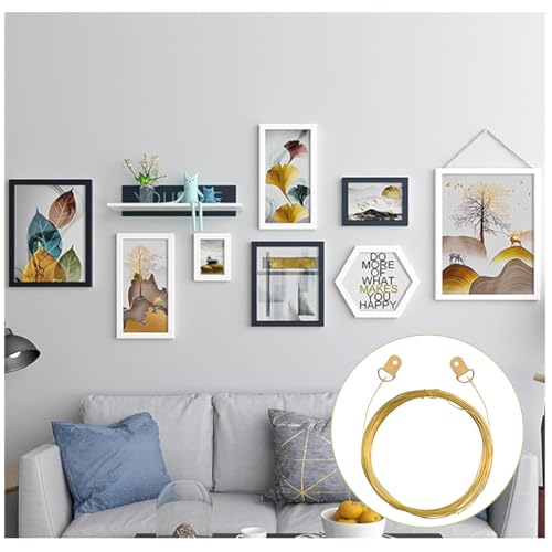 Image of Picture Hanging Wire Kit 2 Roll 10m /32.8Ft Brass Hanger Wire and 30PCS Iron D-Shaped Rings Heavy Duty Hanging Hardware Display Kit for Wall Picture, Exhibition, Art Gallery (Gold)