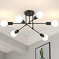 Phaosio Modern Sputnik Chandelier Ceiling Light Fixtures, 6-Lights 22” Mid Century Industrial Metal Semi Flush Mount for Dining Room, Bedroom, Living Room-Black
