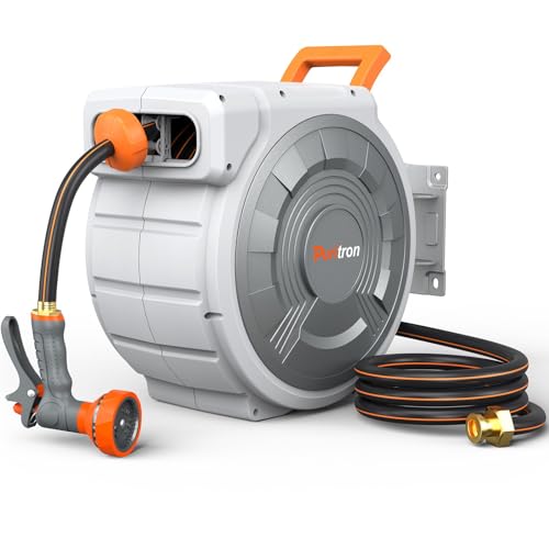 Retractable Garden Hose Reel 1/2'x150ft, 3-Ply Reinforced Heavy Duty garden hose reel, Kink-Free Rewind and Lock at Any Length, Rust Prevention Metal Mount, 180° Swivel Bracket for Lawn & Gardening