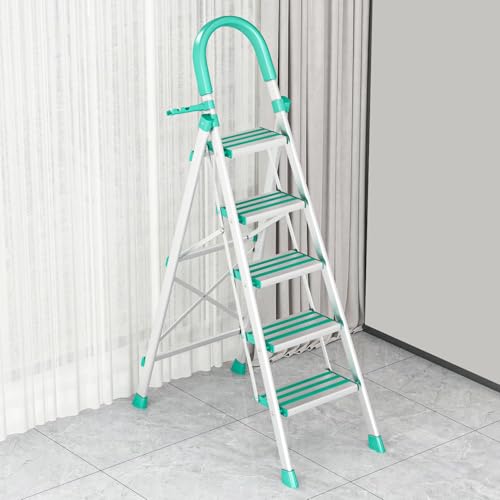 Image of Heavy Duty Steel Folding Ladder Steps with 7 Year Warranty* Foldable Stairs | Anti-Slip Step Ladder | Compact Folding for Home | Sturdy Stairs for Home Use & Storage (Aluminium Step 5)