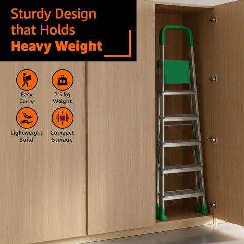 Image of Amazon Basics Clamber Pro - Foldable Step Ladder, Firm Grip, 6 Steps (Aluminium Steps, Green & Satin)