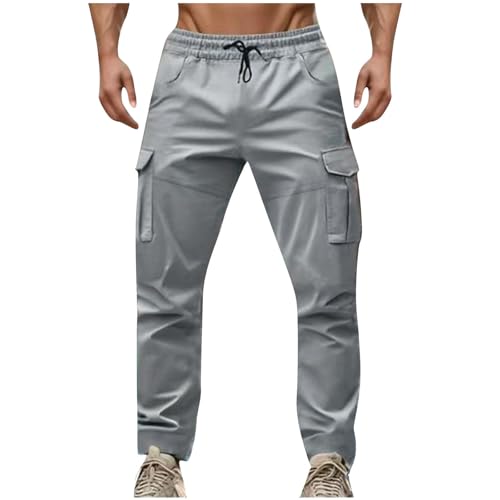 Sinzelimin Men Cargo Pants Jogger Workout Trouser Fashion Solid Color Drawstring Elastic Waist Loose Comfy Wide Leg Sweatpant Gray 3X-Large