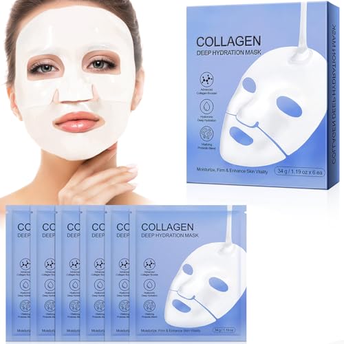 Collagen Maske Overnight – (6 Stück) Koreanische Gesichtsmaske mit Bio-Kollagen für intensive Pflege über Nacht, reduziert feine Linien & Falten, Anti-Aging Tuchmaske