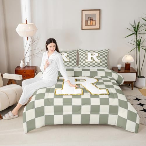 Image of Erosebridal Sage Green Checkered Kids Comforter Sets Plaid Initial R King Bedding Set for Adults Personalized Monogram Comforter Set,Fashion Grids Gingham Quilt Duvet 3 Pcs