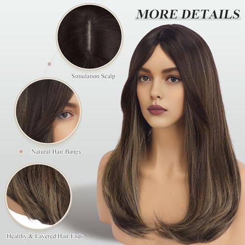 Image of FESHFEN Wigs with Bangs, Synthetic Natural Looking Ombre Brown Blonde Long Layered Straight Hair Wig for Women Daily Party Use, 18 inch