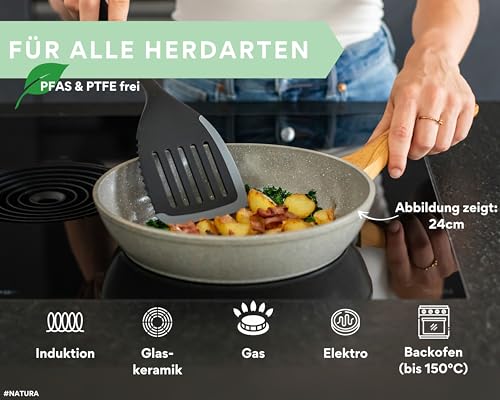 DIVORY keramická pánev 28cm - pánev s keramickým povrchem indukce, bez PFAS a PTFE, velká keramická pánev, pánve, potažená pánev na vejce - pevná rukojeť - keramická pánev (Natura, 28 cm)