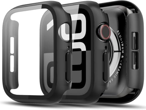 TGKML Hülle mit Displayschutzfolie für Apple Watch Series 12 42mm | 2-Stück, Hard-PC Schutzhülle, Eingebaut Gehärtetes Glas, Kratzfest & Stoßfest Schutzfolie, Schwarz*2