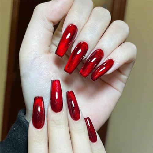 24PCS Long Coffin Ballerina False Nails - Fake Arcylic Press On Nails Full coverage Glossy False Nails with Glue - Stick on Nails for Women and Girls (Red Cat Eye Design)