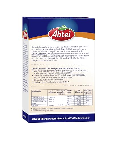 Abtei Glucosamin 1500 Plus Teufelskralle - Nahrungsergänzung für gesunde Knochen und Knorpel - hochdosiert - mit Teufelskrallenwurzel-Extrakt - 1 x 30 Tabletten