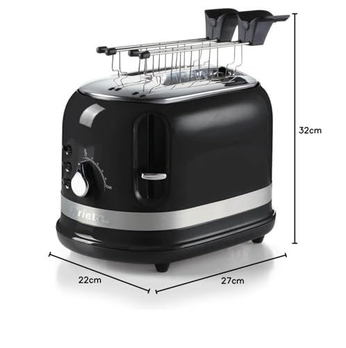 Image of Ariete Moderna 0149B 2 Slice Toaster with Sandwich Cages by Delonghi, 800W, Auto Eject, Crumb Tray, Defrosting and Reheating Functions, 6 Browning Levels, Cord Wrap, Metal Body -Black