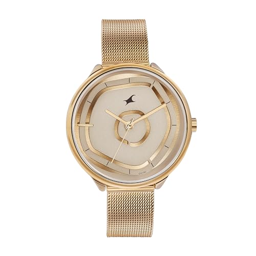 Fastrack Stunners Quartz Analog Beige Dial Rose Gold Stainless Steel Strap Watch for Girls – NT6303WM01