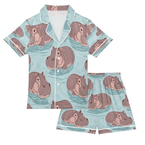 Satin Pajama Sets Short Sleeve Happy Hippo Water Pattern Print Button Down Silky Nightwear 2 Piece PJS 5-14Y