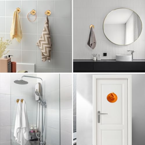 Image of Suction Cup Hooks, 2 Pack Gold Stainless Steel Suction Hooks for Shower | No-Drill, Reusable Removable, Towel Hook Holders for Bathroom Kitchen, For Smooth Surfaces Like Tile, Glass, Mirror