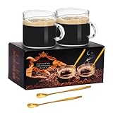 Mcupper 2 Pack Espresso Cups 4 OZ, Double Spouts Cups with Handle and 2 Stainless Steel Spoons, Espresso Shot Glasses, Milk Cup, Clear Glass for Espresso Machine