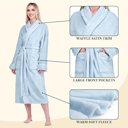 Image of PAVILIA Women's Plush Fleece Robe, Soft Cozy Long Bathrobe with Satin Waffle Trim, Warm Lightweight, Pockets & Tie Belt