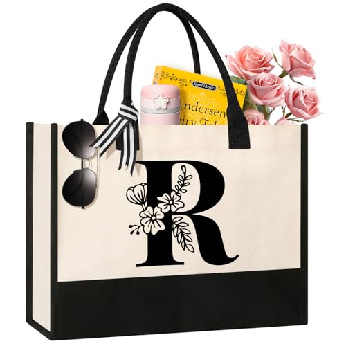 Image of Tecanne Personalized Initial Canvas Tote Bag, Suitable for Birthday, Wedding, Beach, Holiday, Gifts for Women, Mom, Teachers, Nurses, Best Friends, Bridesmaids (R)