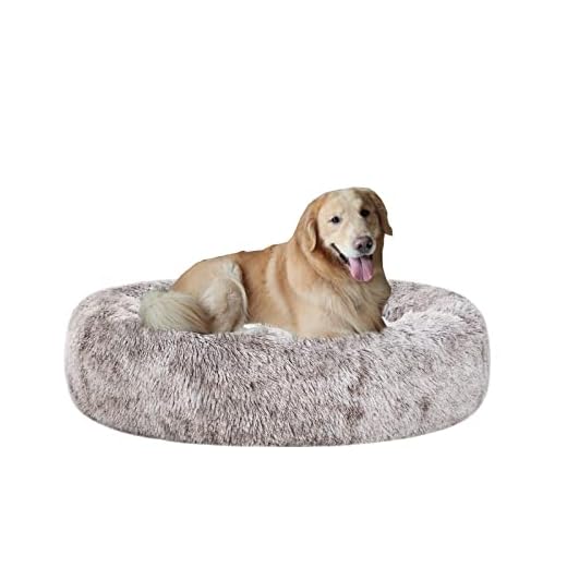 Poohoo Calming Faux Fur Donut Cuddler Dog Bed,Washable Round Cat Bed Pillow Cuddler Gradient Color(23"/30") for Small Medium Dogs (Oval 43", Light Brown)