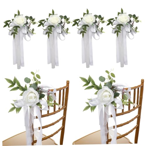 Comebachome 6 pièces décoration d'allée de Mariage Roses Fleurs de Mariage décorations Fleurs Banc avec Feuilles et Rubans artificiels pour cérémonie...
