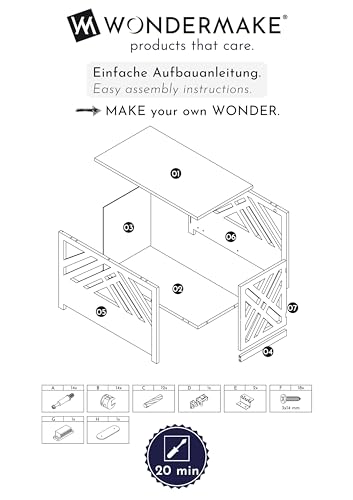 WONDERMAKE® Design Hundekäfig aus Holz für Zuhause Wohnung mit Beistelltisch, Hundebox fürs Wohnzimmer Indoor, 90x60 cm weiß