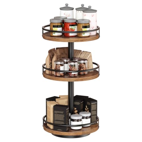 Image of HOOBRO 3-Tier Lazy Susan Organizer, Rotating Spice Rack, Turntable Spice Rack, Vertical Storage Organizer, for Kitchen Countertop, Vanity, Dining Table, Rustic Brown and Black BF09TL01