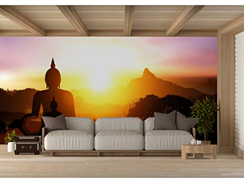 Fotomural Vinilo para Pared Silueta de Buda en la Puesta de Sol | Fotomural para Paredes | Mural | Vinilo Decorativo | Varias Medidas 200 x 150 cm | Decoración comedores, Salones, Habitaciones.