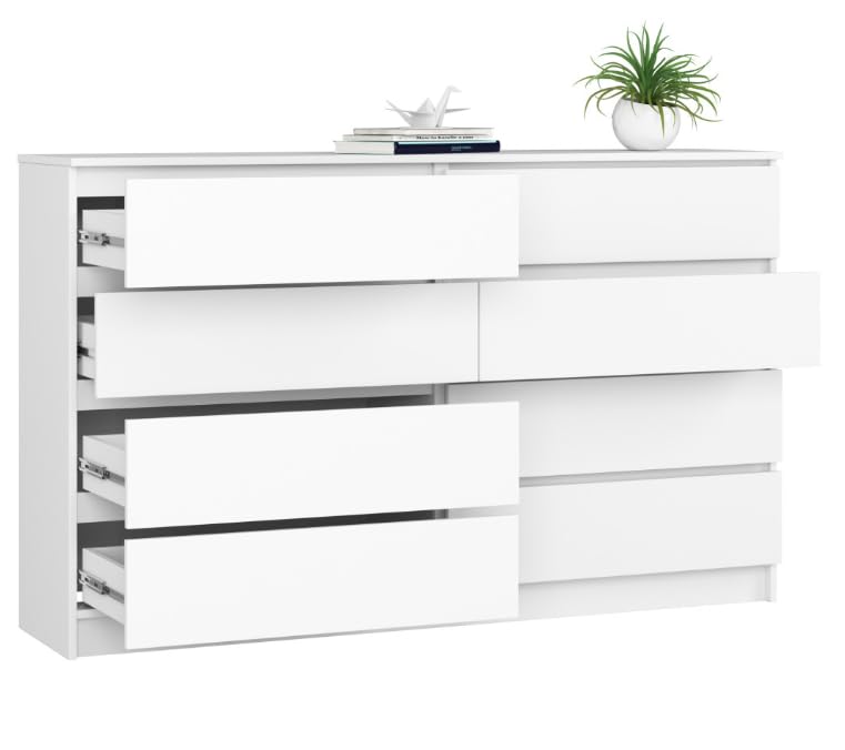 BDW - Commode à 8 tiroirs, Commode K160, Buffet, Meuble de Salon, Chambre à Coucher, Couloir, Armoire de Bureau, matériau Robuste et Design Moderne - 160x40x99 cm, Blanc