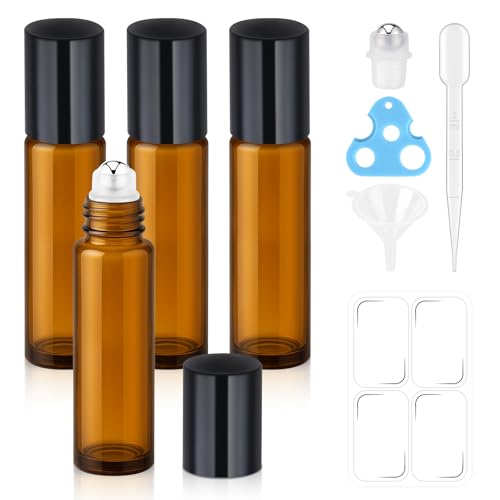 bofessor 10ml Roller Bottles for Essential Oils(4-Pack), Leak-Proof Amber Glass Roller Ball Applicator, Opener, Droppers, Funnel & Labels, Roll on Bottles for Perfume & DIY Skincare