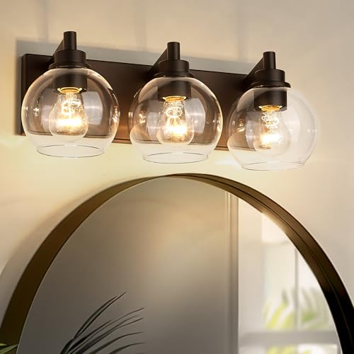 Image of 3-Light Bathroom Vanity Light, Oil Rubbed Bronze, Clear Globe Glass | 18 inch ORB vanity light for 22-28 inches mirrors, clear globe glass shades, E26 base, hardwired, up /down mount, VL195-ORB-3