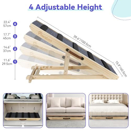 Pawaboo Hunderampe, Tragbare Haustiertreppe aus Holz, 4 Verstellbare Höhen 11.6' - 22.4', Haustierrampe für Kleine Mittelgroße Hunde mit Anti-rutsch bis 143lbs, Hundeeinstiegshilfe Auto Bett Sofa