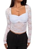REORIA Womens Sexy Sheer Mesh Tops Floral Lace Long Sleeve Shirts Low Cut Slim Fitted Outfits See Through Going Out Blouses, White M