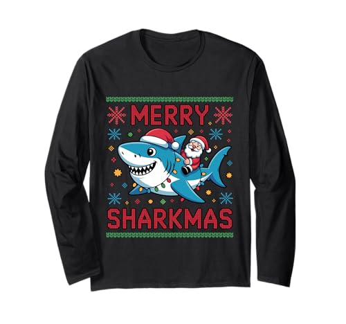 Merry Sharkmas Pull Moche Père Noël chevauchant Un Requin avec lumières Manche Longue