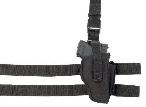 Soft Armor Tactical Nylon Thigh Gun Holster with Molded Thumb Break and Attached Mag Pouch (Left Hand), Black, Size 35