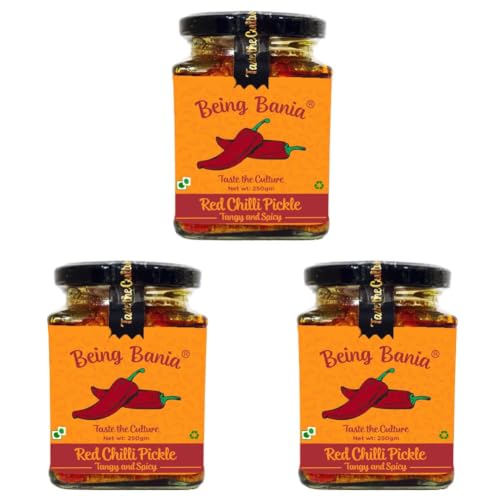 Image of Being Bania Stuffed Red Chilli Pickle - 100% Natural | No preservatives | Bharwa mirch ka achar | 250g in Jar | Fresh Pickles | Lal Mirchi (Pack of 3)