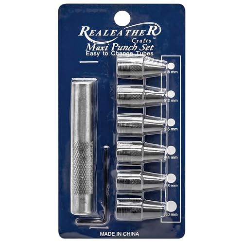 Realeather T3004 Maxi Leather Punch Set for Crafting, 6 Sizes from 3/16" - 5" 15", Black/Silver, 6-Piece Set by Realeather - Used condition - US$10.74