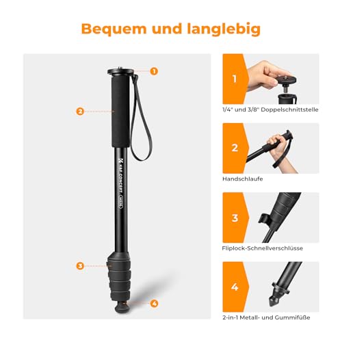 K&F CONCEPT MS16 Einbeinstativ, 63 Zoll Monopod,Stabiles Aluminium-Einbeinstativ mit 5 Sektionen,160cm Reiseeinbeinstativ für DSLR, DSLM und Kompaktkameras,Mit Handschlaufe