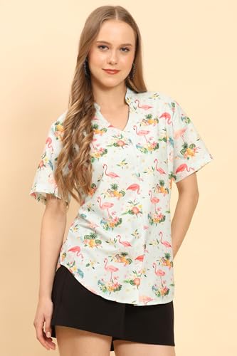 Image of Womens Casual Shirt Soft Beach Shirts Floral Tropic Print V Neck T-Shirt Short Sleeve Button Up Tops