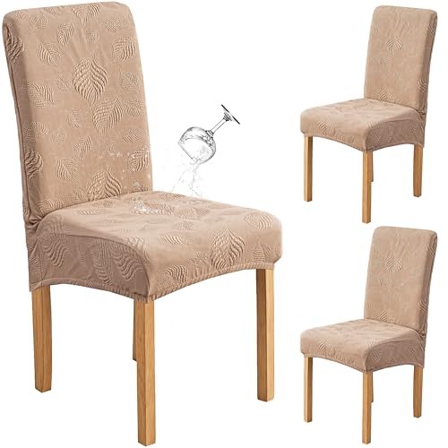 Image of Genina Waterproof Dining Chair Cover Set of 2,Kitchen Chair Cover,Khaki | Stretch Dining Room Chair Slipcovers with Leaf Jacquard,Removable Kitchen Chair Protector for Home,Restaurant,Banquet