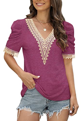 ETCYY Puffärmel Sommer Tops für Frauen 2023 Trendy Cute Print Spitze V Ausschnitt Kurzarm T Shirts Blusen, Violett, X-Groß Cover