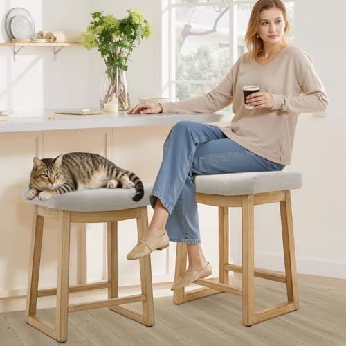 Image of Counter Height Bar Stools Set of 2, 24 Inch Backless Upholstered Counter Stools with Solid Rubberwood Legs, Modern Farmhouse Saddle Stools for Kitchen Island, Home Bar, Beige Linen Fabric