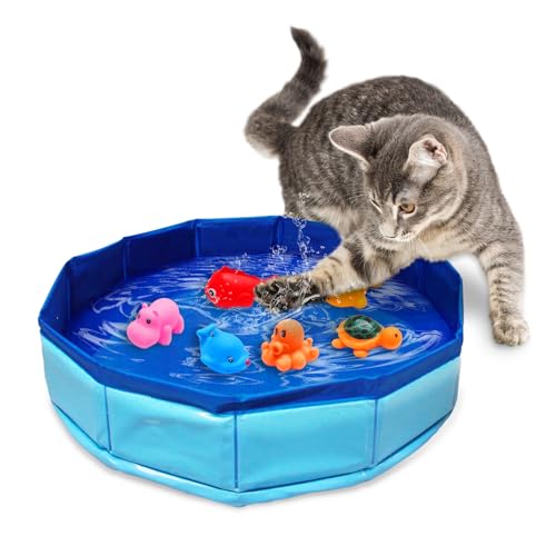 Eelexa Portable Cat Pool Toy with 6 Fish-Shaped Water Toys Interactive Splash-Proof Indoor Cat Toys for Boredom Relief Self-Play Cat Pool for Bored Cats Easy Fill & Drain Design