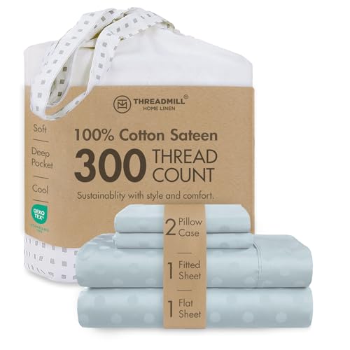 Image of Threadmill 300 Thread Count Cotton Queen Sheet Set, Sateen, Jacquard Damask | 100% Cotton, Sateen Weave, Jacquard Damask Pattern, 4-Piece Set, 16 inch Deep Pocket, Cooling, Pill-Resistant, OEKO-TEX Certified