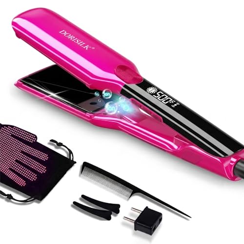 DORISILK 500 Degree High Temp Professional Hair Straightenr Ceramic 1.75 Inch Wide Flat Iron 2 in 1 Hair Straightener and CurlerPlasma Hair Straightener Get Frizz-Free and Shiny (Hot Pink)
