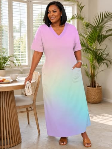 Image of SUZONANA Women Casual T-Shirt Dress V Neck Short Sleeve Solid Color Oversize Dress with Front Two Pockets