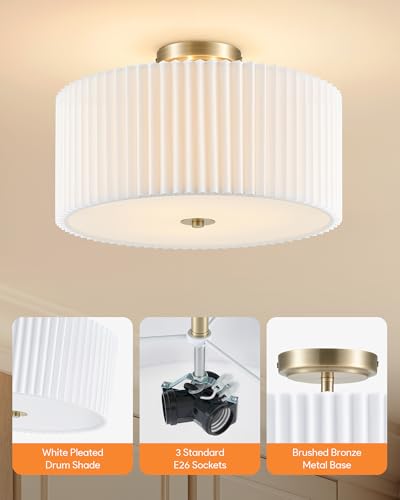 Image of VONLUCE Semi-Flush Mount Ceiling Light 15.7 inch, 3-Light Drum Light Fixture | White Pleated Shade with E26 Sockets, Light Fixture for Nursery, Bedroom, Entryway, Hallway, Bronze Finish, ETL Certified