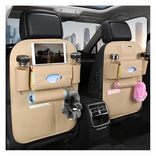 Gasedin 2 PCS Car SeatBack Organizer, Premium Leather Seat Back Protector With Storage Pockets, Waterproof Hanging Vehicle Storage, Universal Car Accessories (Beige)