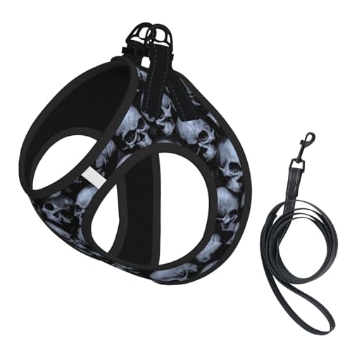 Xiso Ver Gothic Skull Print Dog Harness and Leash Set No Pull Reflective Adjustable Step-in Puppy Pet Vest Harnesses for Small Medium Dogs and Cats