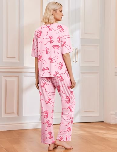 Image of Ekouaer 2 Pack Womens Pajamas Sets Short Sleeve Long Pants Pjs Lounge Set