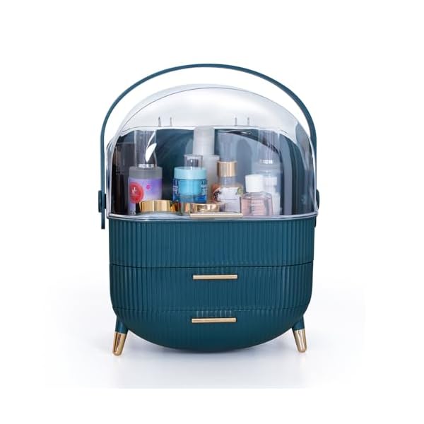Makeup Cosmetic Organizer Box with Drawer Storage - Plastic Oval Storage Organizer with Turn Lock, Large Capacity for Women’s Skincare and Beauty Products (Green) - Image 8