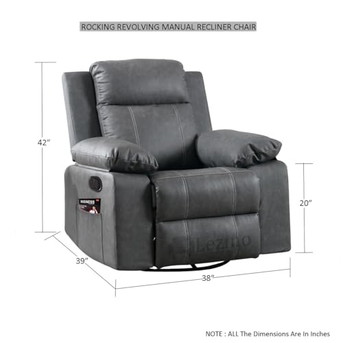Image of LEZINO Rocking Revolving Recliner Chair for Living Room 3 Years Warranty (Rocking Revolving Manual Recliner, Grey)| Recliner with Rocking Revolving 360 | Textured Grey German Premium Upholstery